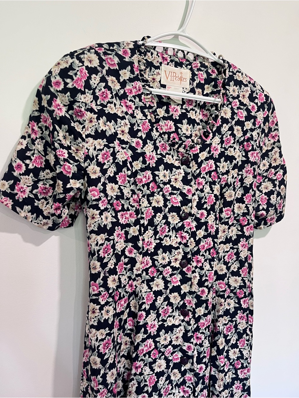⁠Vintage VI Petites Floral Midi Dress Button Front Cottagecore 90s Size 6 Navy